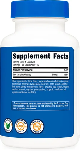 Vista 4 de Nutricost Quelato de zinc de 50 mg, 120 cápsulas vegetarianas, sin gluten y sin OMG