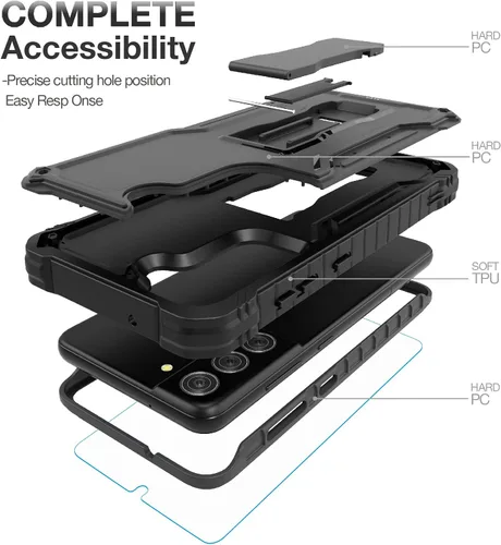 Vista 4 de FITO Funda para Samsung Galaxy S21 FE, doble capa a prueba de golpes resistente para teléfono Samsung S21 FE 5G con protector de pantalla, soporte
