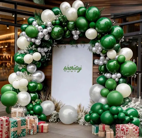 Vista 11 de Arco de globos de látex negro y verde, guirnalda de globos de látex de doble relleno, color verde oscuro, marrón, plateado, para camuflaje