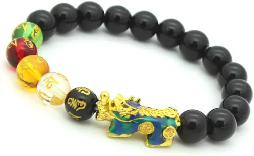 Vista 2 de Pulsera de cuentas de Feng Shui de 0.394 in de piedra natural, mantra, color cambiado, pulsera PixiuPi Yao, atrae riqueza y buena suerte