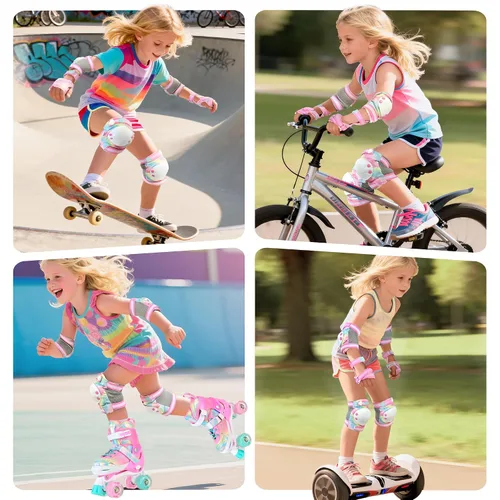 Vista 6 de NEMONE Rodilleras para niños, coderas, coderas, muñequeras con bolsa de cordón, juego de equipo de protección reflectante ajustable para patinetes