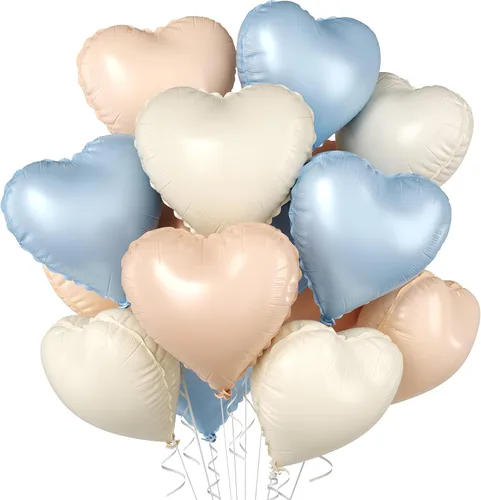 Vista 31 de Globos de corazón azul bebé, 10 piezas de globos en forma de corazón azul claro y blanco pastel, globos de papel de aluminio blanco arena crema