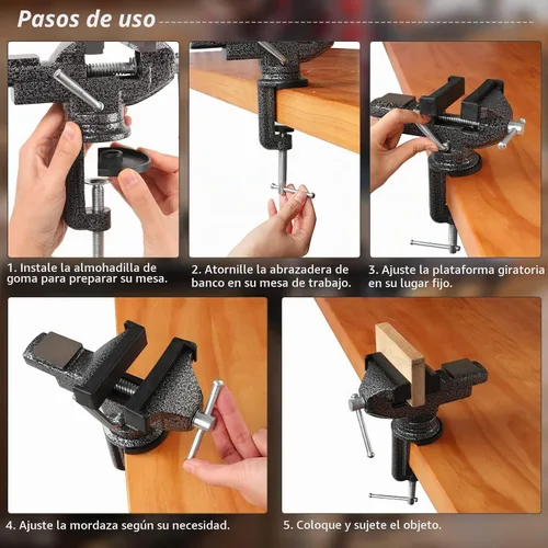 Vista 4 de GOXAWEE Tornillo de banco universal, abrazadera de mesa de 3.15 pulgadas, base giratoria de 360°, tornillo de banco pequeño para el hogar