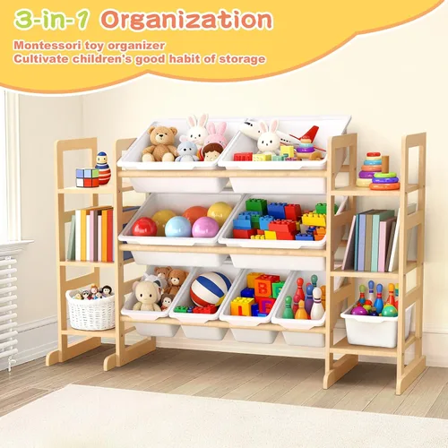 Vista 5 de Fuilee Organizador de almacenamiento de juguetes de madera para niños, organizador de juguetes de varios niveles con contenedores y estantes