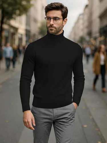 Vista 2 de URBAN BUCK Camisa de cuello alto para hombre, de manga larga, acanalada, informal, ajustada, de algodón, cuello de tortuga, suéter sin botones