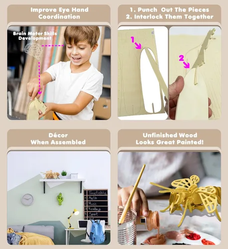 Vista 3 de Puzzled Rompecabezas 3D de madera de abeja de abeja, kit de modelo de construcción único y educativo, juguete de insectos de madera para armar