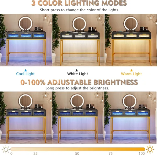 Vista 2 de Gurexl Escritorio LED de maquillaje con luces, juego de tocador con estación de carga, tocador LED con 3 cajones de almacenamiento para dormitorio