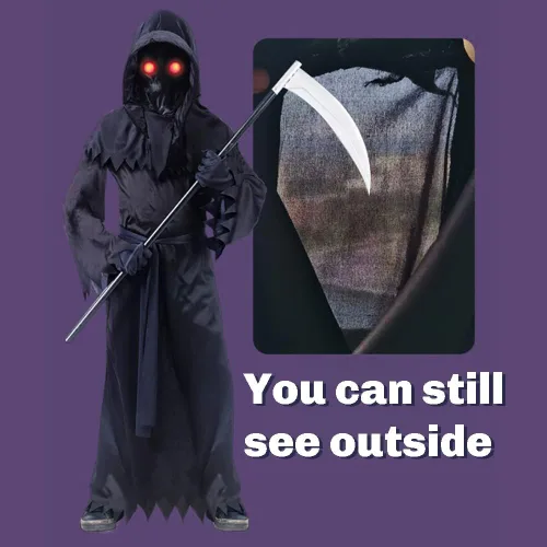 Vista 4 de Grim Reaper - Disfraz de Halloween con ojos rojos brillantes y guadaña para niños y niñas disfraz espeluznante fantasma para Halloween y cosplay