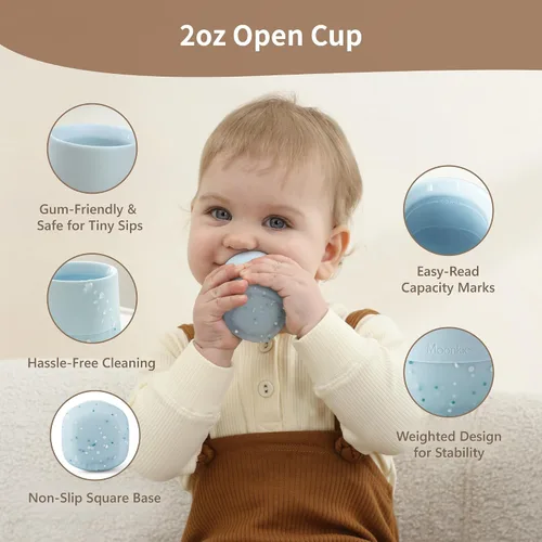 Vista 5 de Moonkie Vasos pequeños para bebés Taza abierta de silicona para bebés + taza para bebés Juego de tazas de entrenamiento para bebés de 4 meses