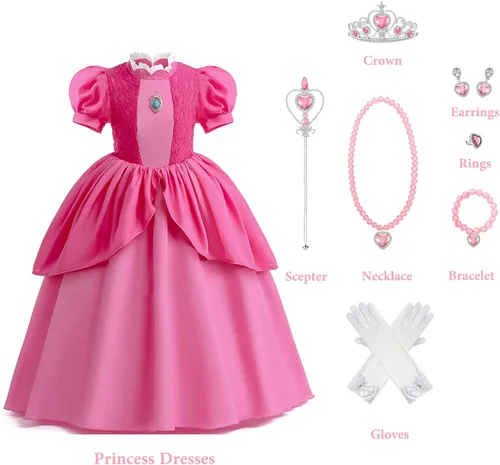 Vista 6 de JingDan Super Bros - Disfraz de princesa melocotón, vestidos de princesa para niñas, disfraz de Halloween para niñas pequeñas, 2-10T
