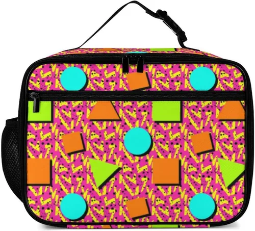 Vista 2 de Lonchera retro de los años 80 y 90 con diseño geométrico reutilizable, bolsa térmica con aislamiento, lonchera para comida, contenedor de comida