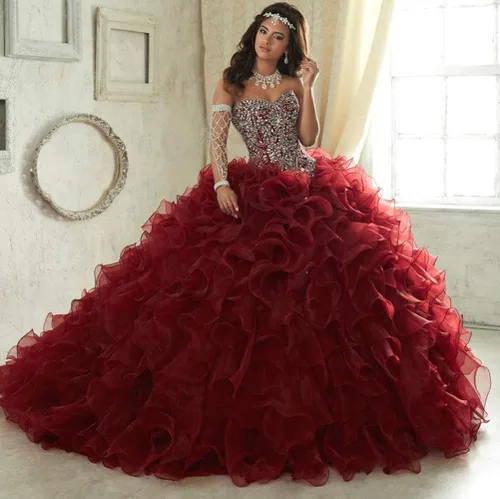 Vista 3 de Vestidos de fiesta de novia con cuentas pesadas para mujer, vestidos de organza con volantes, vestidos de quinceañera para Sweet 16