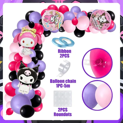 Vista 4 de Suministros para fiestas de cumpleaños Kawaii, las decoraciones para fiestas Kawaii incluyen kit de arco de guirnalda de globos, globos de látex