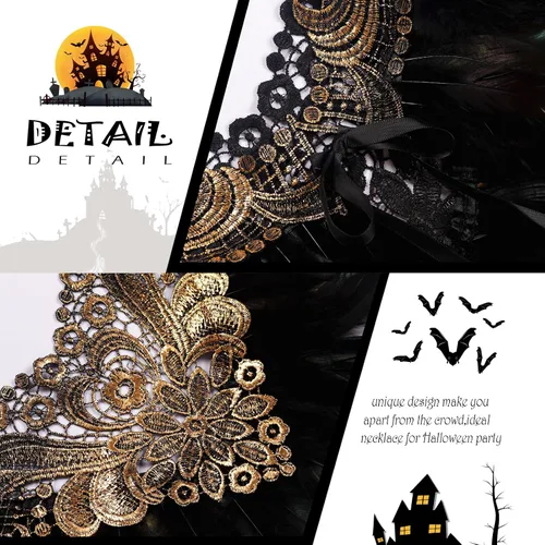 Vista 4 de L'VOW Real Negro Pluma Arnés Collar Collar Collar Babero Halloween