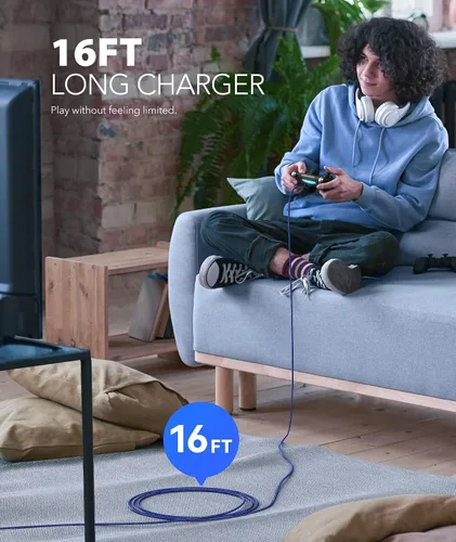 Vista 3 de 6amLifestyle Cable de carga para controlador PS4 de 16 pies, nailon trenzado extralargo, micro USB 2.0, cable de sincronización de datos de alta