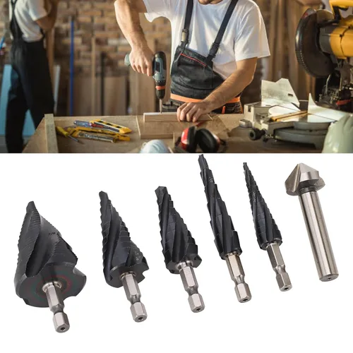 Vista 9 de Step Drill Bit Set, 4 Flute M35 Cobalt Pagoda Drill Bit Kit, 1/4 Inch Shank for Less Steel Hard Metal, Step for Wood Pla Aluminum Copper, Includes 5