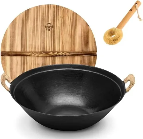 Vista 9 de WANGYUANJI Wok de hierro fundido hecho a mano de 11.8 pulgadas con asas dobles, pequeño wok chino de fondo redondo para 1 a 2 porciones, sartén sin
