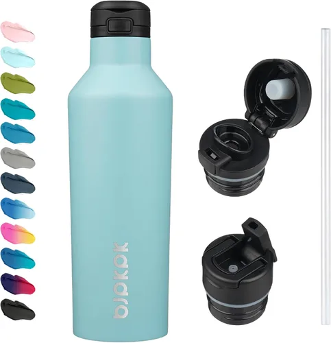 Vista 24 de BJPKPK Botella de agua aislada con pajilla, botellas de agua de acero inoxidable de 17 onzas con 2 tapas y asa de transporte, botella térmica