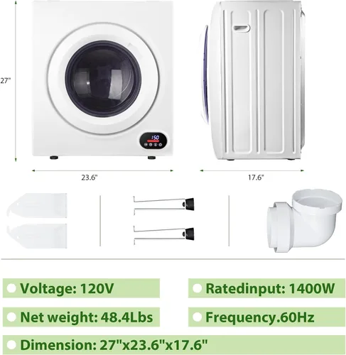 Vista 6 de Euhomy Secadora de ropa compacta, 2.65 pies cúbicos de carga frontal, de acero inoxidable, con tubo de escape, 1400 W, panel de control LCD