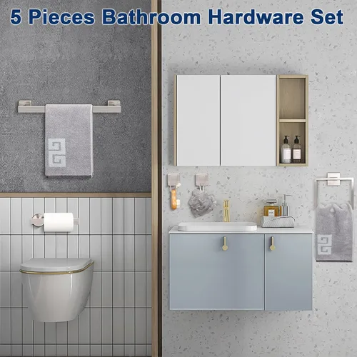 Vista 3 de NearMoon Juego de 5 piezas de accesorios de baño de acero inoxidable 304, juego de toallero cuadrado que incluye toallero de 16 pulgadas + anillo