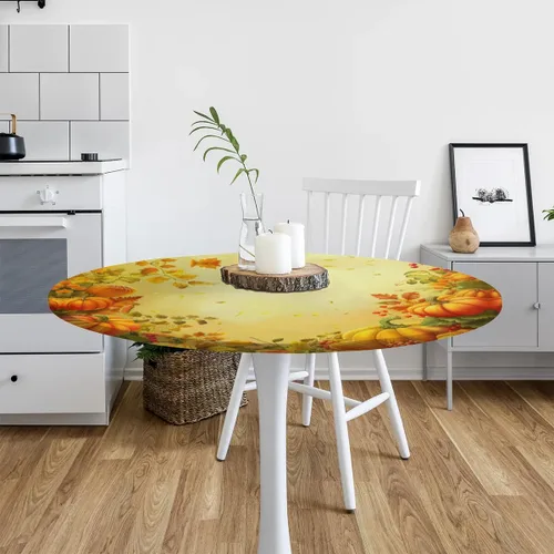 Vista 7 de Mantel redondo ajustado con diseño de calabaza de otoño, hojas de otoño, color amarillo, pequeño con borde elástico, manteles circulares lavables