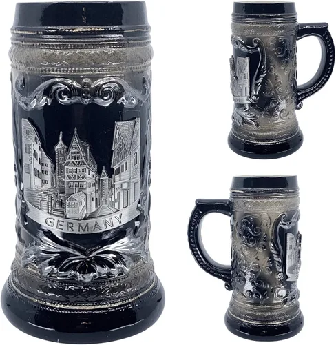 Vista 3 de Essence of Europe Gifts E.H.G - Jarra de cerveza alemana de Rothenburg con emblema de metal, 1 litro, jarra de cerámica con emblema de metal, jarra