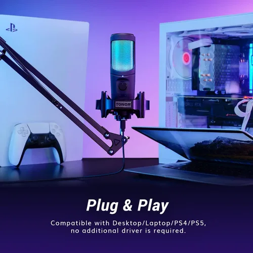 Vista 5 de TONOR Micrófono USB, micrófono RGB para juegos, grabación de podcasts de PC, kit de micrófono cardioide para computadora, para streamer, jugador