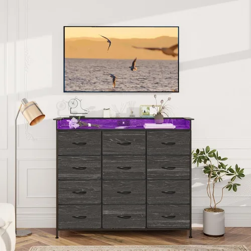 Vista 7 de Cómoda negra con luz LED, 12 cajones con estación de carga, cómoda para dormitorio con 12 cajones de tela para dormitorio, pasillo, entrada