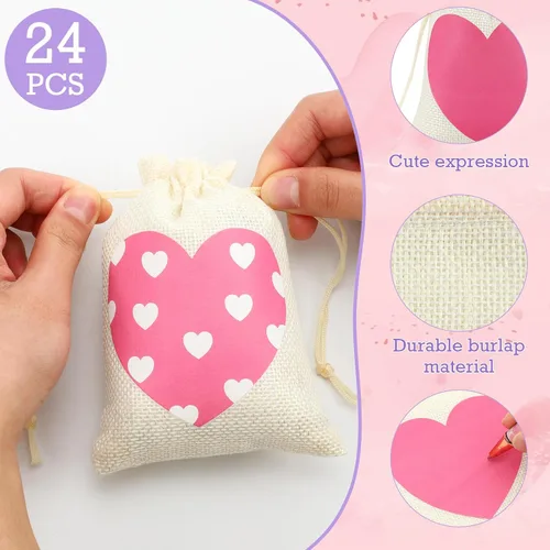 Vista 5 de Crtiin 24 bolsas de regalo de arpillera para el día de San Valentín, bolsas de regalo de lino con cordón de corazón, bolsa de dulces para regalos