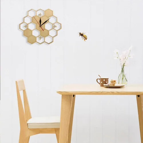 Vista 6 de XDG Reloj de pared de madera natural con diseño de abejas y panal de abeja, arte de pared, diseño de abeja, miel, contemporáneo, para decoración