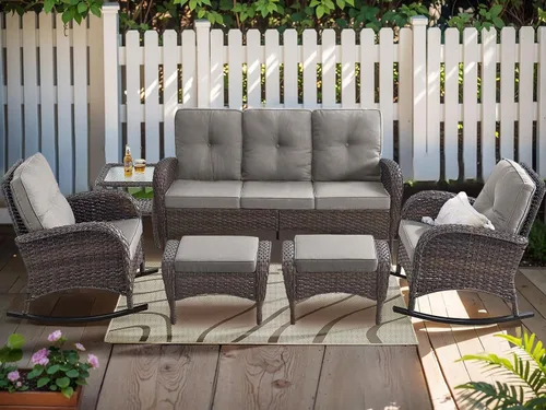 Vista 31 de HUMMUH Juego de 2 sillas de mimbre para exteriores, sillas de comedor con respaldo alto y asiento profundo para jardín, porche, patio trasero