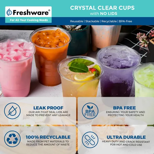 Vista 6 de Freshware Vasos de plástico transparente con tapas para sorbos sin popote [100 tazas – 12 onzas] Vaso desechable para café helado, batido, bebidas