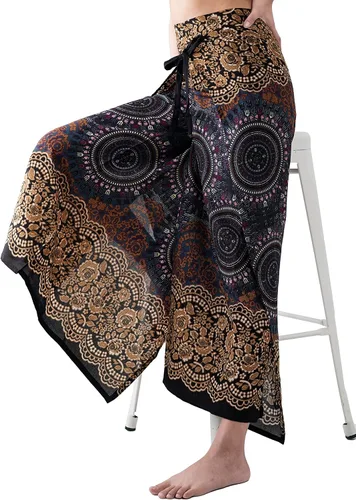 Vista 6 de B BANGKOK PANTS Pantalones estilo bohemio palazzo para mujer, pierna ancha, para yoga, con lazo en la cintura