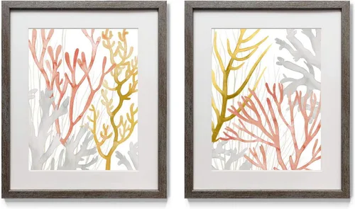 Vista 22 de Renditions Gallery Antique Coral in Navy (1) 2 Piece Framed Artwork Set, Underwater Ocean Themed Pair, Blue, Modern Distressed Silver Frame, White
