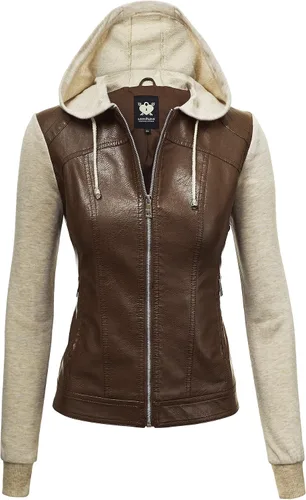 Vista 11 de Lock and Love Chaqueta Abrigo de Moto Motociclista de Piel Sintética para Mujer con Capucha Extraíble o No Extraíble Wjc1044_negro
