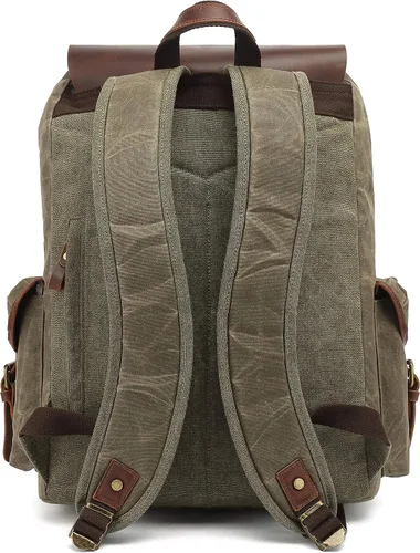 Vista 3 de Mochila de cuero genuino encerado de lona Lmagice para viajes, rústica para portátil en verde ejército Verde militar