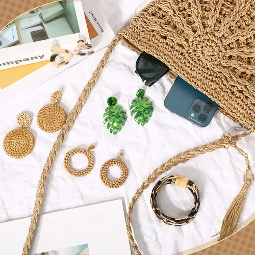 Vista 4 de Hicarer Beach Purse Earrings Set Straw Bag Vacation Purse with 4 Rattan Boho Tropical Earrings Leopard Bracelet