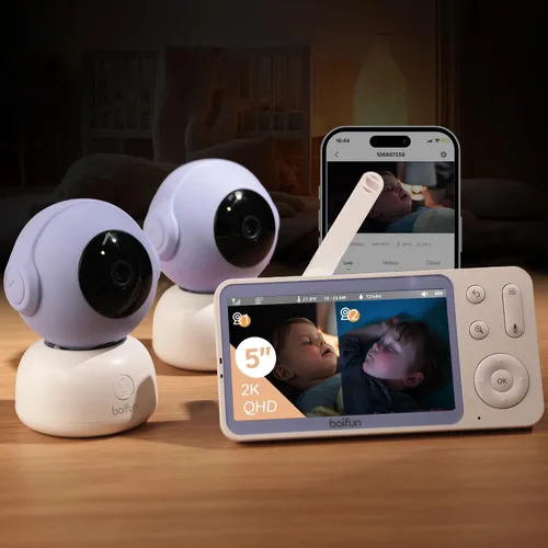 Vista 11 de BOIFUN Monitor Wi-Fi para bebés con cámara y audio, APP compatible con smartphones, visión nocturna HD 2K con pantalla de 5", seguimiento automático