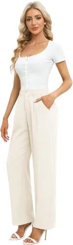Vista 5 de Feiersi Pantalones de trabajo de negocios para mujer, de cintura alta, pantalones de pierna ancha, pantalones largos y rectos con bolsillo