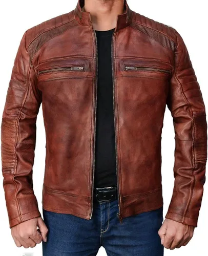 Vista 8 de LP-FACON Chaqueta de cuero para hombre con armadura Vintage Cafe Racer Powersports Equipo de protección Moto Biker Chaqueta acolchada