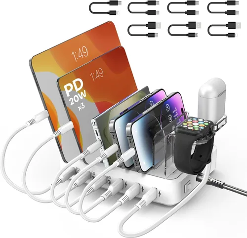 Vista 8 de Estación de carga para múltiples dispositivos, 65 W, 6 puertos, estación de carga rápida USB C con 6 cables de carga mixtos, base de carga