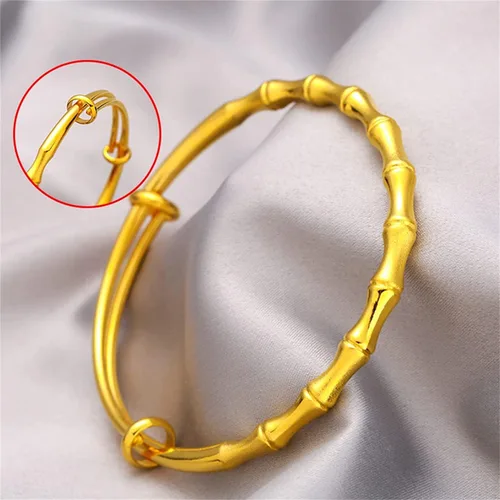 Vista 6 de Delicada pulsera de bambú de la suerte chapada en oro, pulseras de bambú de eslabones de cadena ajustables, pulsera de boda de bambú de riqueza