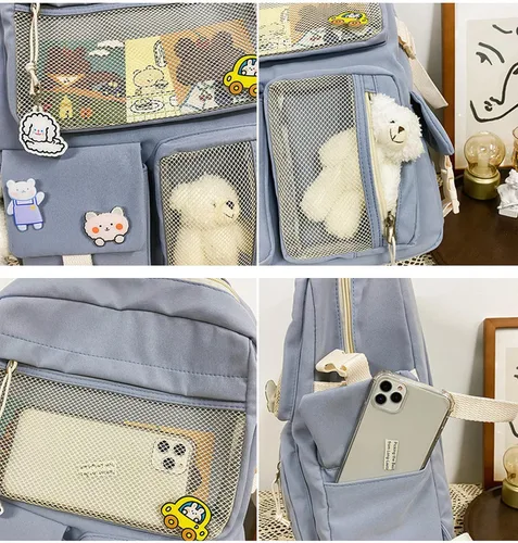 Vista 4 de HUAFOOK Mochila Kawaii con Pin Kawaii Lindos Accesorios, Mochila Kawaii Niña Bonita Mochila Estética, Beige, Mochilas Daypack