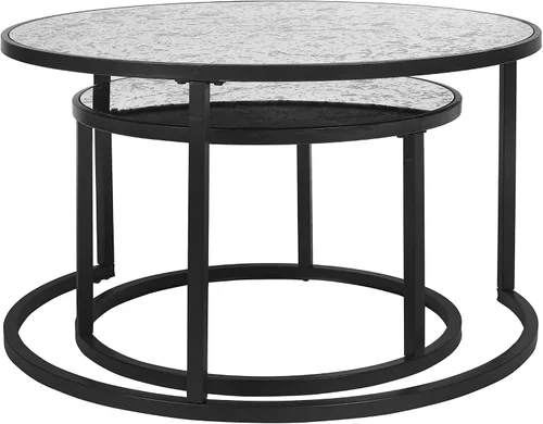 Vista 3 de Juego de 2 mesas auxiliares anidables, mesas auxiliares apilables rústicas, modernas mesas redondas de madera con patrón de mármol para sala