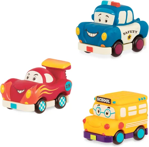 Vista 7 de B. toys Pull-Back Toy Cars, Mini Wheeee-ls! Juego de 3 vehículos, Vehículos