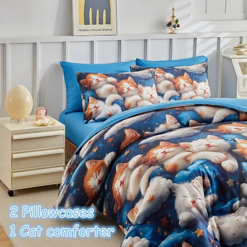 Vista 2 de Juego de edredón individual para niños y niñas, edredón de gato de 3 piezas con 2 fundas de almohada, juego de ropa de cama individual de gatito