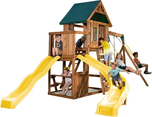 Vista 9 de Swing-N-Slide WS 8355 Castlebrook - Juego de columpios con dos toboganes, columpios y pared de escalada, madera