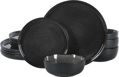 Vista 8 de Gibson Elite Nardini 12 Piezas (Servicio para 4) Platos y Cuencos de Esmalte Reactivo Vajilla de Cerámica de Piedra - Negro y Azul