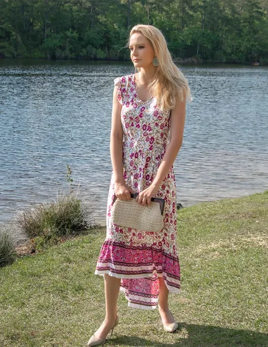 Vista 9 de PRETTYGARDEN Vestido largo de verano para mujer, casual, floral, cuello en V, mangas casquillo, bohemio, alto y bajo, vestido largo de sol