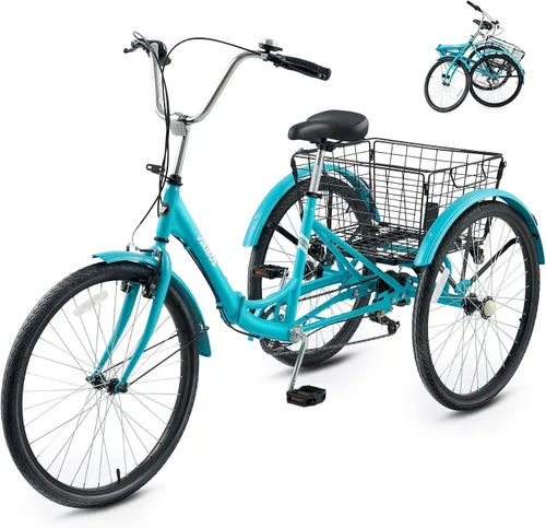 Vista 11 de VIRIBUS Triciclo plegable para adultos, triciclo plegable de 7 velocidades para adultos con cesta con ruedas extraíble, bicicletas plegables de 3